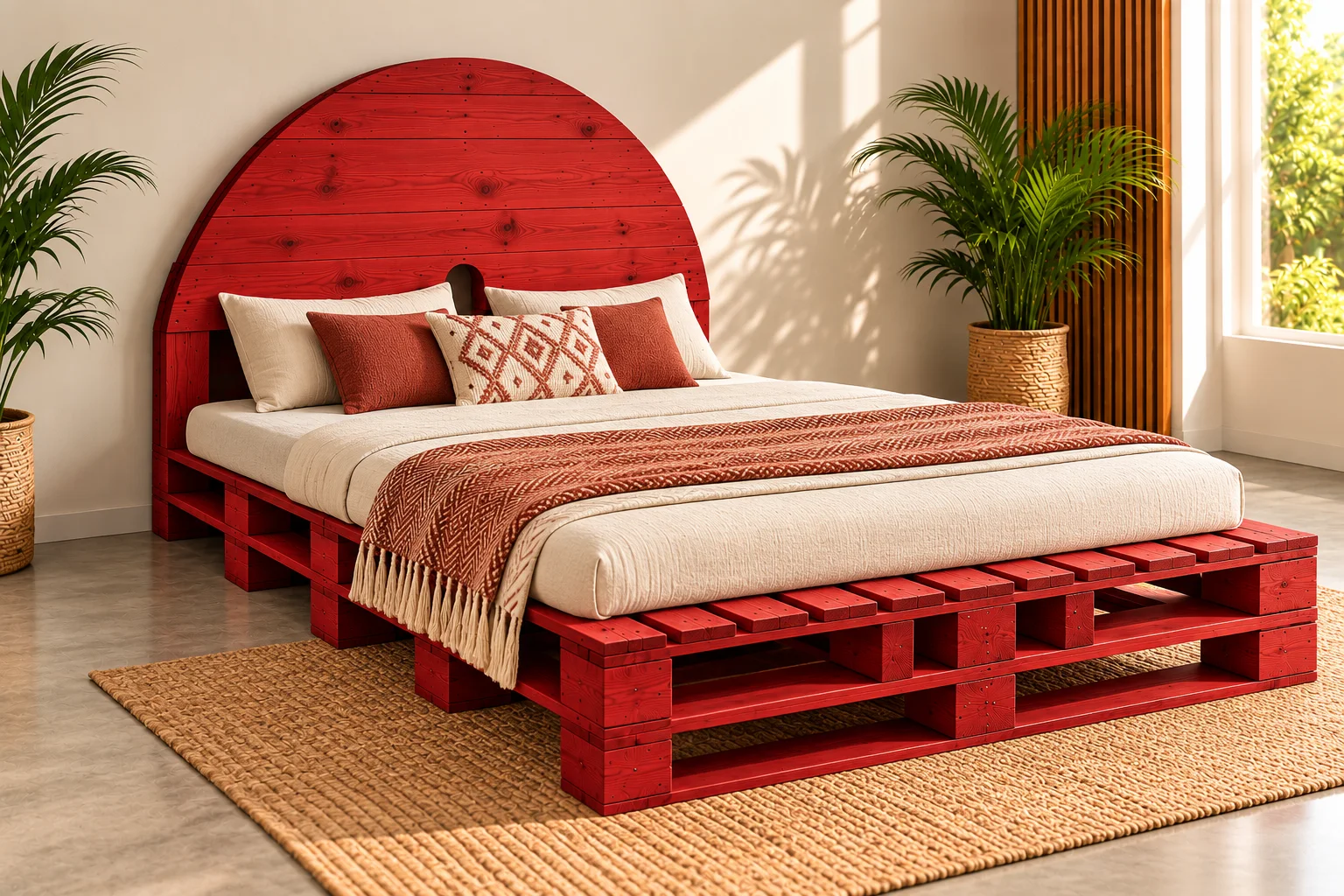Crimson Arc Wooden Pallet Bed