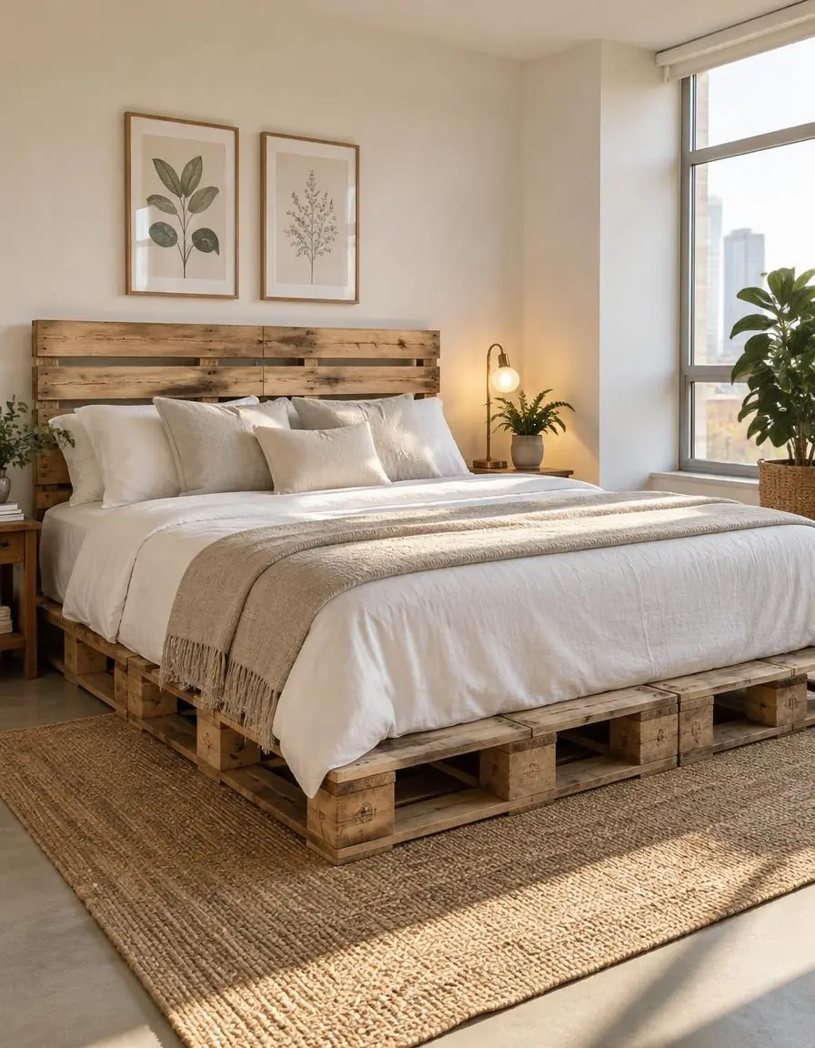 Handcrafted pallet bed with crisp linen bedding in a bright bedroom