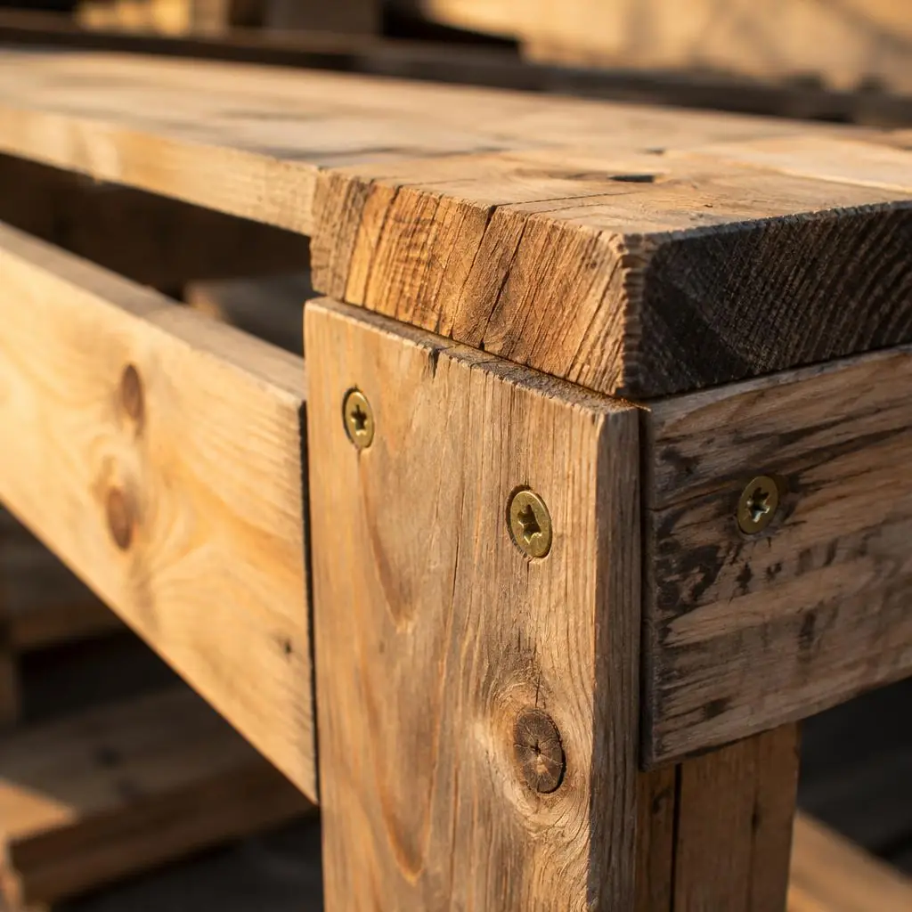 Close-up of sanded pallet wood joinery and brass screws