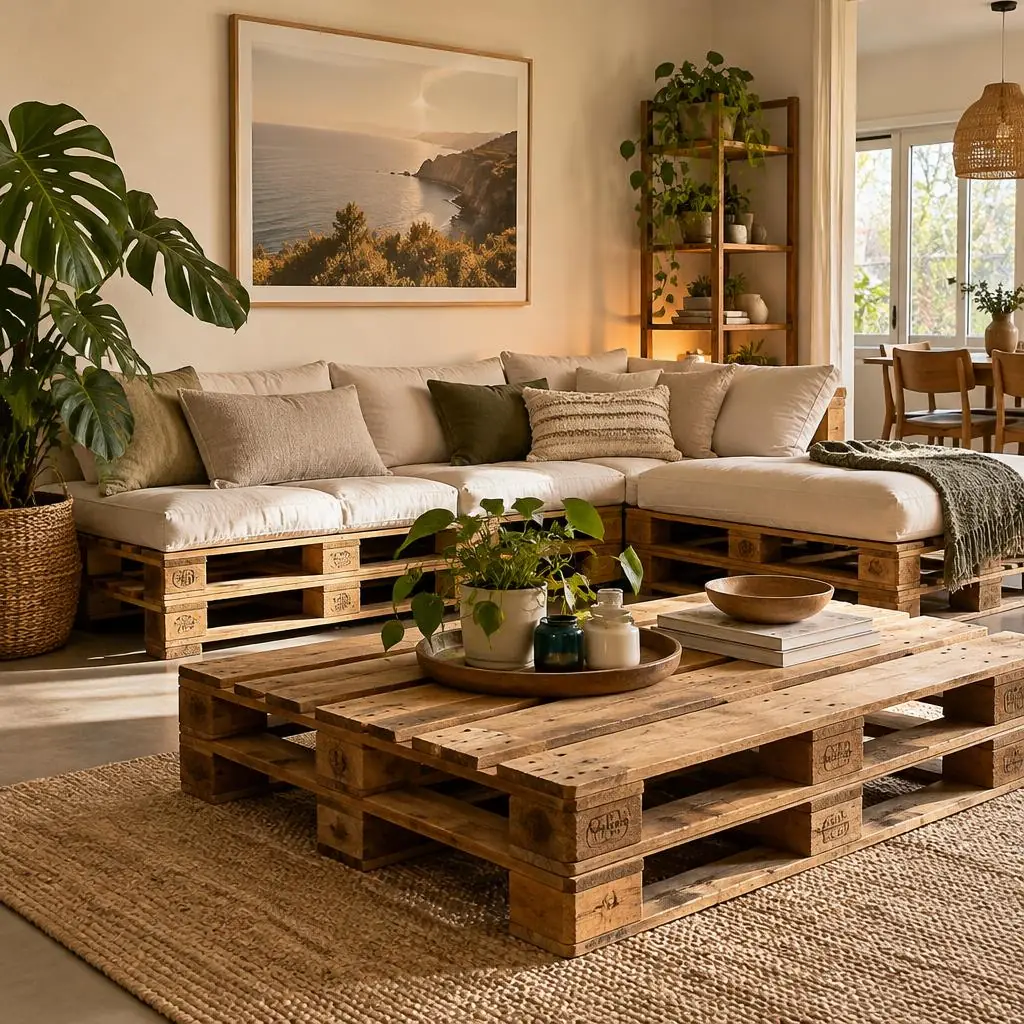 Living room styled with a pallet sofa and pallet coffee table