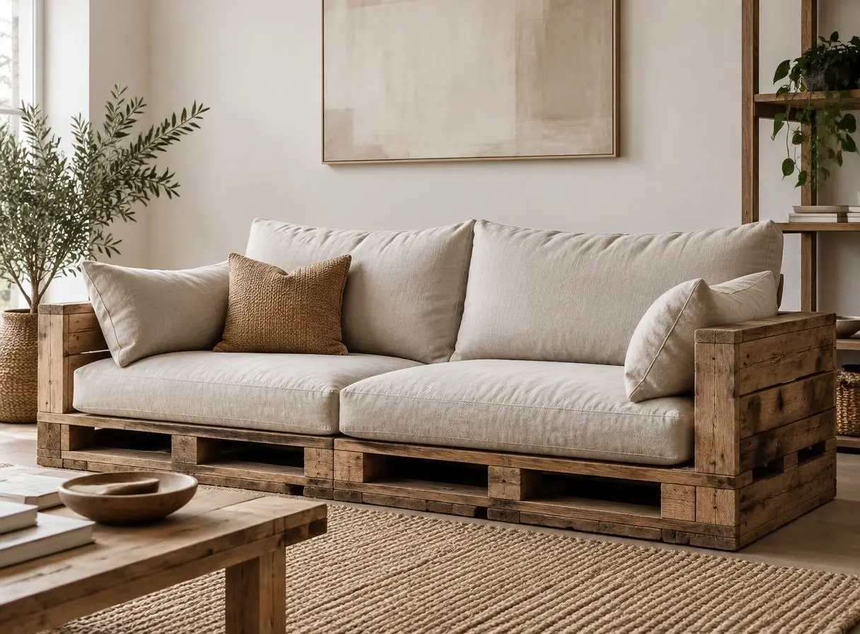 Handcrafted pallet sofa with natural linen cushions in a living room